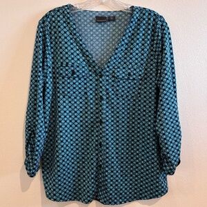 Covington Women's 3/4 Sleeve Front Button Green Black White Pattern Blouse SZ M